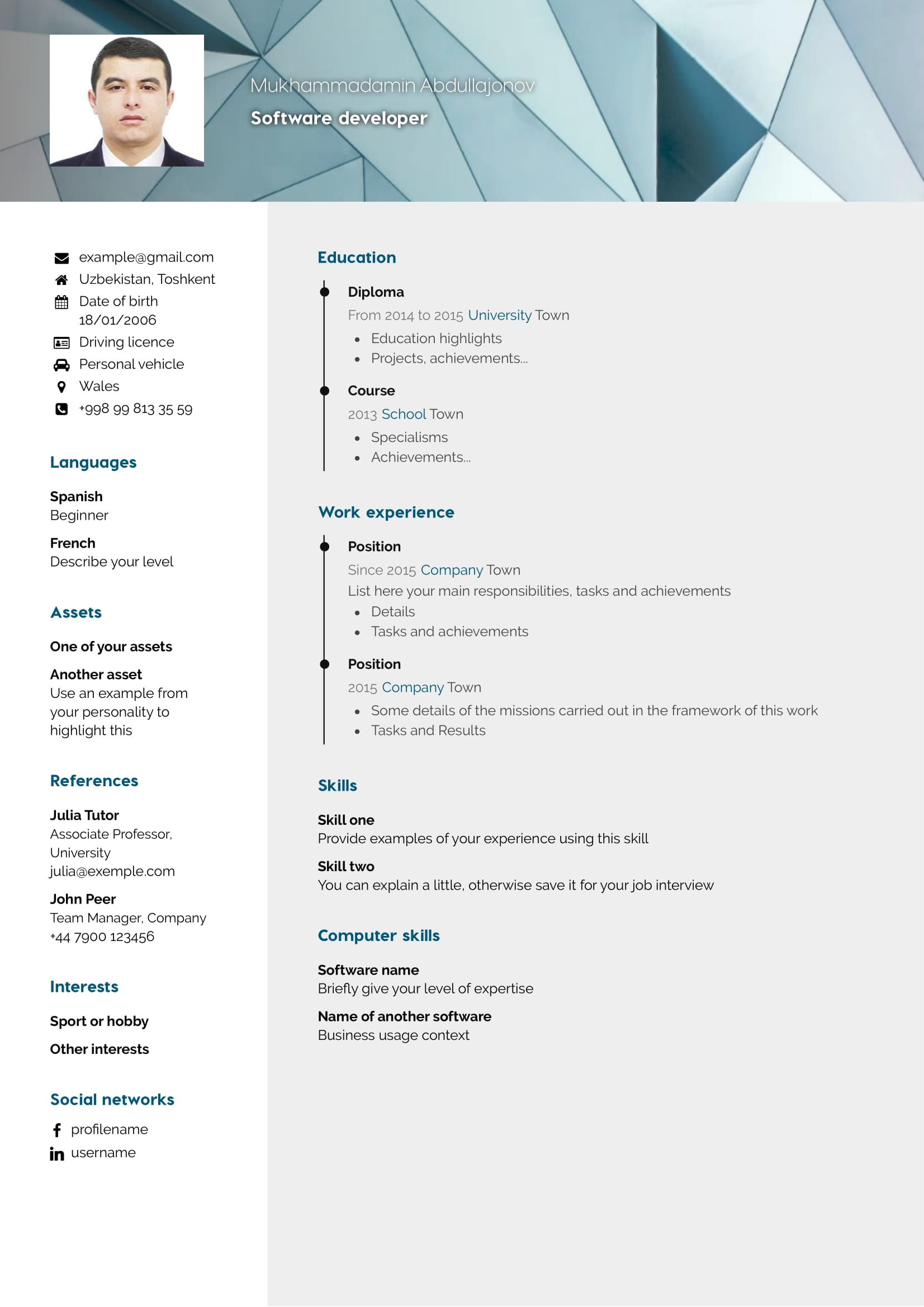Modern CV Example 3